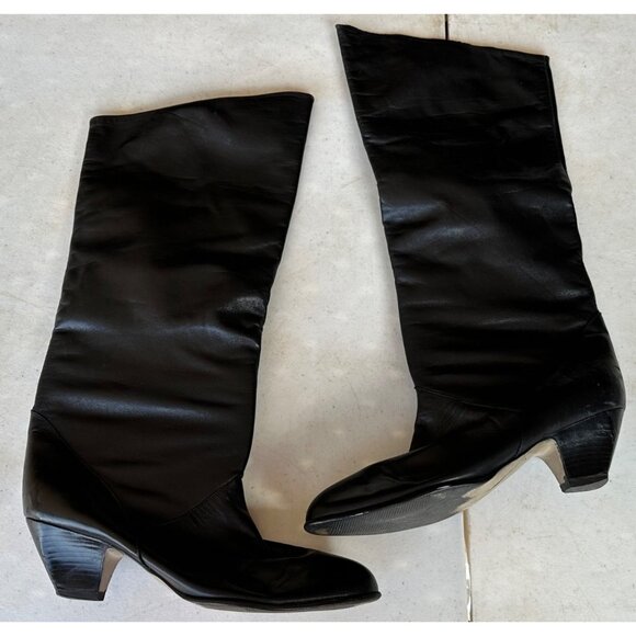 Women's VINTAGE Tall Mid-Heel Black Leather Boots Size 7.5M (BRAND UNKNOWN)-READ - Picture 1 of 15